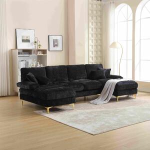 Divano componibile moderno grande in Chenille a forma di U, con Doppi Sedili Reclinabili, Nero