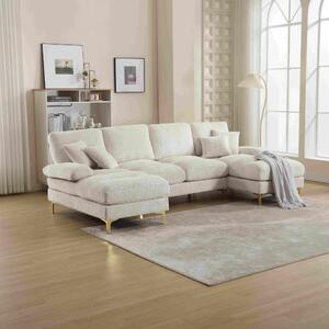 Divano componibile moderno grande in Chenille a forma di U, con Doppi Sedili Reclinabili, Beige