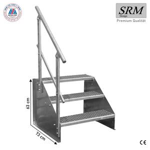 Scala a tre gradini, modello 1, zincata, larghezza 90 cm, altezza 63 cm. 1 corrimano angolare