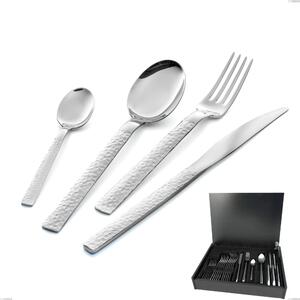 Servizio di posate 24 pezzi in astuccio di legno Marte, Acciaio inox 18/10 (AISI304), Lavorazione martellata spessore 2.5 mm