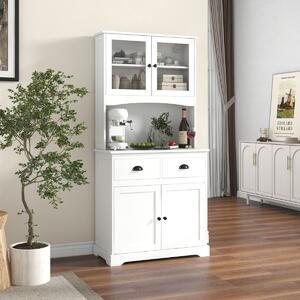 Costway Buffet da cucina da 170cm con mobiletto 4 ante con vetrine in vetro temperato e 3 ripiani regolabili, Credenza autoportante Bianco