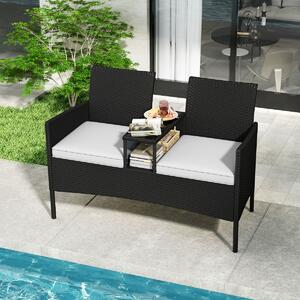 Costway Divano da esterno con tavolino integrato, Mobile in rattan per 2 persone con cuscini e piano in vetro temperato Bianco