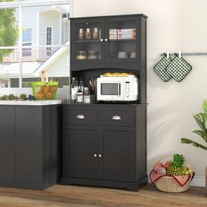 Costway Buffet da cucina da 170cm con mobiletto 4 ante con vetrine in vetro temperato e 3 ripiani regolabili, Credenza autoportante Nero