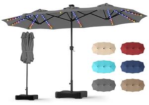 Costway Ombrellone doppio da giardino con luci regolabili manovella base, Ombrellone ampio doppio protezione solare resistente Grigio