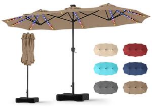Costway Ombrellone doppio da giardino con luci regolabili manovella base, Ombrellone ampio doppio protezione solare resistente Marrone