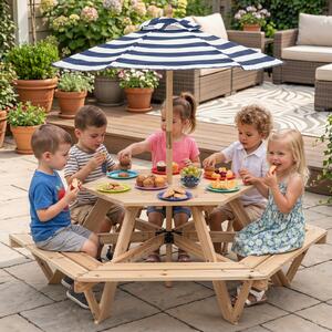 Costway Tavolo da picnic esagonale massello 6 panche ombrellone regolabile, Tavolino per bambini 3-8 giardino balcone cameretta