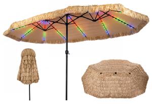 Costway Ombrellone di paglia con 12 stecche palo in metallo luci led e manovella, Ombrellone da giardino 450 x 270 cm Marrone