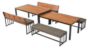 Set di mobili da giardino Merxx Milos, 4 panche con cuscini inclusi, tavolo allungabile Flex 160 (320) x 90 (79) x 76 (67,5) cm - Alluminio/Acacia