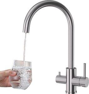 Rubinetto da cucina a 3 vie, rubinetto per acqua potabile con 2 maniglie, orientabile a 360°, argento spazzolato
