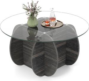 Tavolino COSTWAY ø 89cm, tavolino da divano con piano in vetro e base in legno massiccio, tavolino laterale, tavolino in vetro da salotto Tavolo da salotto, nero