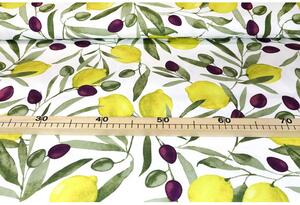 Tessuto al metro - tela cotone tovagliata - Olive e limoni, alt. 140 cm