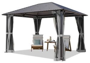 TOOLPORT Gazebo da Giardino 3x3,65 m Tetto Hardtop in Acciaio con Teli Laterali e Zanzariere in Grigio