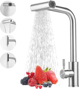 Miscelatore da cucina – Miscelatore doccia estraibile – Acciaio inossidabile – 3 funzioni – Rotazione a 360° – Miscelatore per cucina – Argento