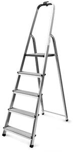 Scaletta in alluminio 5 Scalini, Dimensioni 45x12 x h168 cm Portata max 150 kg -peso 4,4 kg Altezza massima da terra 2,97 mt mod Golden colore Argento