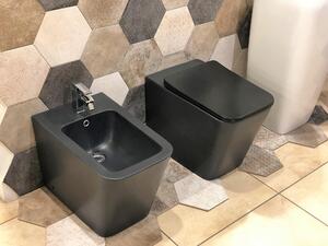 Coppia di Sanitari WC e Bidet a Terra Filo Muro in Ceramica 56.5x36.5x41 cm Square Nero