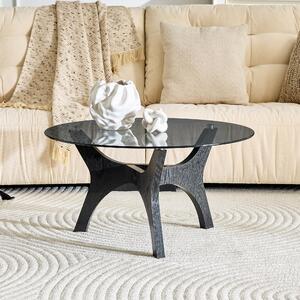 Tavolino okwish con struttura in legno, tavolino rotondo da salotto con piano in vetro, tavolino in stile moderno, per il soggiorno, colore nero