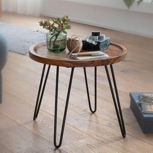 FineBuy tavolino di design in legno massiccio di sheesham 45x40x45 cm tavolo da soggiorno tavolo rotondo da divano con gambe a forcina tavolino in legno e metallo