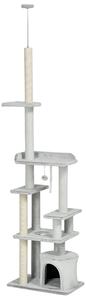 PawHut Albero Tiragraffi per Gatti a Soffitto con Piattaforme e Casetta, 60x40x225-255cm, Grigio|Aosom