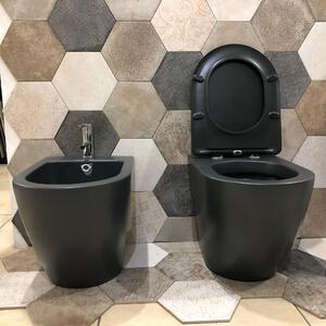 Coppia di Sanitari WC e Bidet a Terra Filo Muro in Ceramica 56.5x36.5x41 cm Round Nero