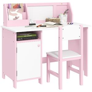 HOMCOM Set Tavolo e Sedie per Bambini 5+ Anni in Legno con Banco Scuola 90x45x85 cm e Sedia 29x29x66 Bianco e Rosa