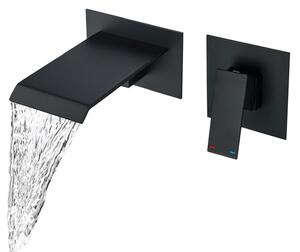 Miscelatore per lavabo, montaggio a parete, nero, design a cascata, monocomando, 2 fori, installazione a incasso