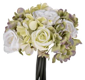Set 2 Bouquet Artificiali Composto da 11 Fiori di Rose e Ortensie Altezza 20 cm Bianco