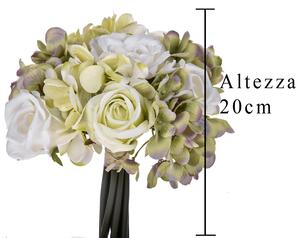 Set 2 Bouquet Artificiali Composto da 11 Fiori di Rose e Ortensie Altezza 20 cm Bianco