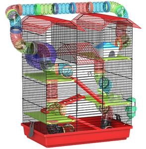 PawHut Gabbia a 5 Livelli per Criceti con Tunnel e Ciotola, Fontanella e Casetta, per Esercizio Scale, 47x30x59 cm, Rosso | Aosom Italy