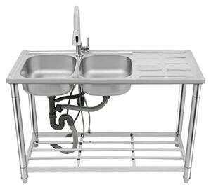 Lavabo doppio, struttura in acciaio inossidabile, rubinetto estraibile, colore argento