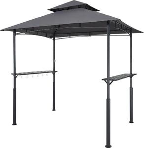 Gazebo per barbecue, 2,43 x 1,5 m Gazebo rinforzato per barbecue da esterno con tetto a doppio strato, riparo per barbecue in acciaio verniciato a polvere con 2 ripiani laterali e 8 ganci, tettoia per barbecue per patio, giardino e cortile