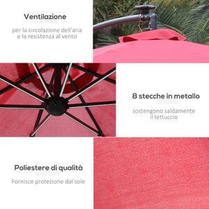Outsunny Ombrellone da Giardino a Braccio con Manovella e 8 Strisce LED a Energia Solare Φ295x245cm, Rosso Scuro
