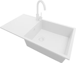 Lavello in granito PRIMAGRAN Tutto bianco 90x50 cm, lavello a vasca singola + rubinetto da cucina 32x20 cm + set di scarico, lavello da cucina per mobili base da 60 cm - Ibiza
