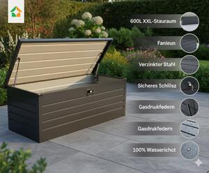 Contenitore metallico per riporre oggetti, baule da giardino 600 L, resistente alle intemperie