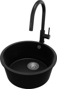 Lavello in granito PRIMAGRAN nero 46x46 cm, lavello rotondo a vasca singola + rubinetto da cucina 40x20 cm + set di scarico, lavello da cucina per mobili base da 50 cm - Valletta Slim