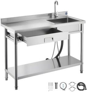 Lavello gastronomia/lavello cucina - Vasca singola in acciaio inox - 120 x 50 x 94 cm - Con rubinetto - Con cassetto - Piano di lavoro a sinistra