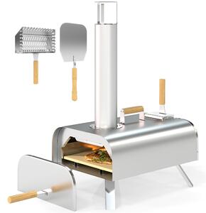 Outsunny Forno per Pizza a Pellet di Legno con Pietra Refrattaria e Pala, in Acciaio Inox, 79x36x75 cm, Argento