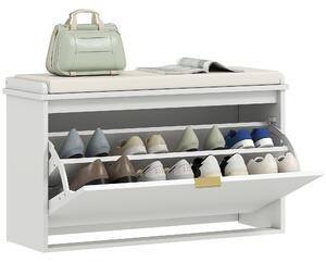 HOMCOM Panca Scarpiera con Ripiano Interno, in Legno e Tessuto Effetto Lino, 80x26x47.5 cm, Bianca e Beige