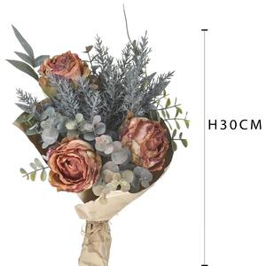 Set 4 Bouquet Artificiale Romantico con Rose Altezza 30 cm Arancio