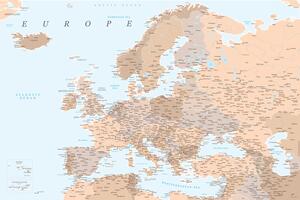 Mappa Light brown and blue detailed map of Europe, Blursbyai