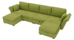 Morbido divano componibile a forma di U con contenitore, divano letto matrimoniale, braccioli pieghevoli in tessuto, ampio divano reclinabile, Oliva