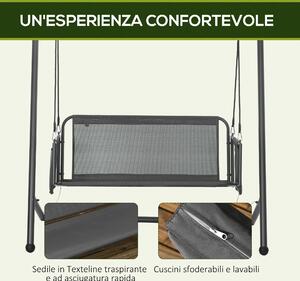 Outsunny Dondolo da Giardino 2 Posti con Cuscini e Tasche, in Acciaio e Textilene, 168x117x181 cm, Grigio Scuro