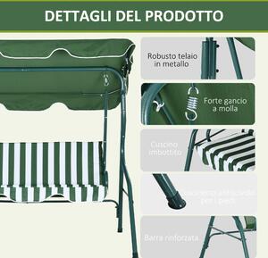 Outsunny Dondolo 3 Posti con Tettuccio Regolabile e Cuscini, in Acciaio e Poliestere, 170x110x153 cm, Verde e Bianco