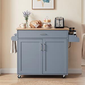 Costway Isola da cucina con mensola regolabile in 3 posizioni con ciabatta elettrica, Carrello da cucina con ruote di gomma Grigio