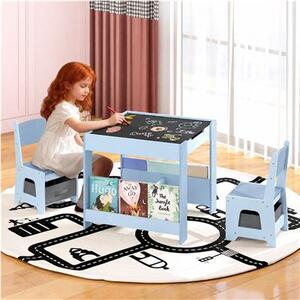 Costway Set tavolo e sedie per bambini per bambini con piano reversibile, Set tavolo scaffali e cassetti per disegno Blu