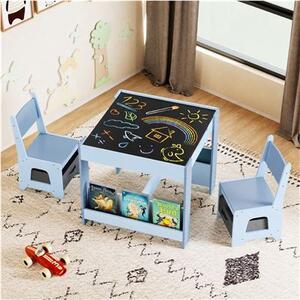Costway Set tavolo e sedie per bambini per bambini con piano reversibile, Set tavolo scaffali e cassetti per disegno Blu