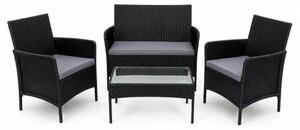 SET MOBILI DA GIARDINO 4 pezzi: 2 poltrone, divano, tavolo da terrazza in plastica nera