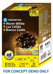 Aigostar - Catena luminosa solare a LED per Natale 200 LED/8 funzioni 22 m IP65 bianco caldo 800 mAh