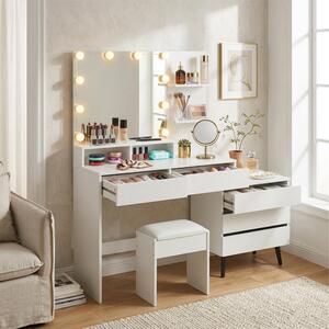 Relaxdays, tavolino da trucco con specchio a LED e sgabello, tavolino da parrucco, 5 cassetti, dimensioni: 143x150x38 cm, tavolino per cosmetici, bianco