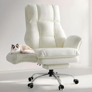 Sedia girevole da ufficio, ergonomica, con braccioli pieghevoli; sedia da gaming con poggiapiedi e schienale regolabile fino a 135°, rivestita in tessuto bianco tipo "teddy"