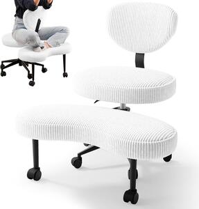 Sedia da ufficio per seduta a gambe incrociate, sedia ergonomica per seduta a gambe incrociate, girevole a 360°, regolabile in altezza, con schienale, colore bianco, rivestimento in tessuto bianco